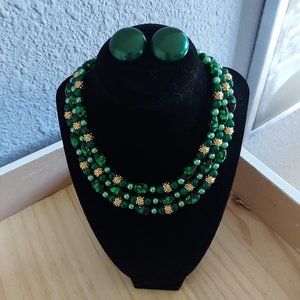 Vintage 3 Strand Jade Green Necklace and Earring Set